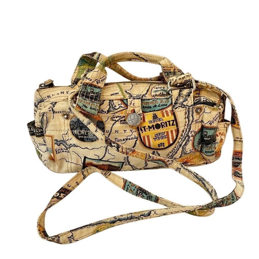 Fossil World Traveler Crossbody Vintage HandBag Barcelona Rome Barrel Canvas Bag